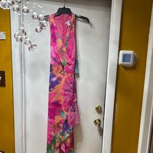 London Times Pink Floral Wrap Dress with Multicolor Blooms